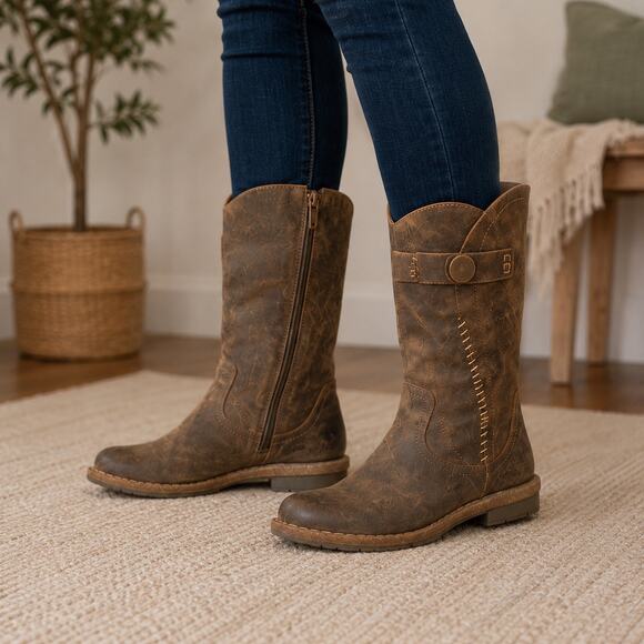 Born Shoes - Born Distressed Brown Leather Mid-Calf Moto Boots